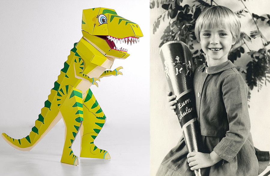 Die Schultüte heute und gestern: Als Dinosaurier "Schulrex" im 3D-Design von "Der kleine Knick", 2016, und "klassisch" im Jahr 1965