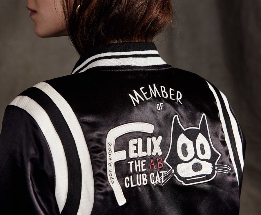 Comic Fashion für coole Katzen: die Bomberjacke mit aufgesticktem "Felix the Cat Club" Membership-Statement