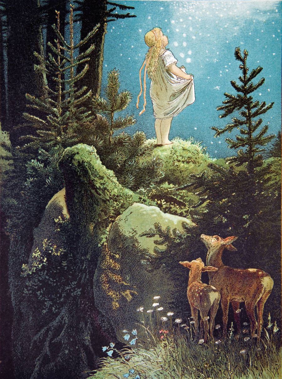Da fielen auf einmal die Sterne vom Himmel ... Die Sterntaler, illustriert von Viktor P. Mohn, 1882 © Taschen