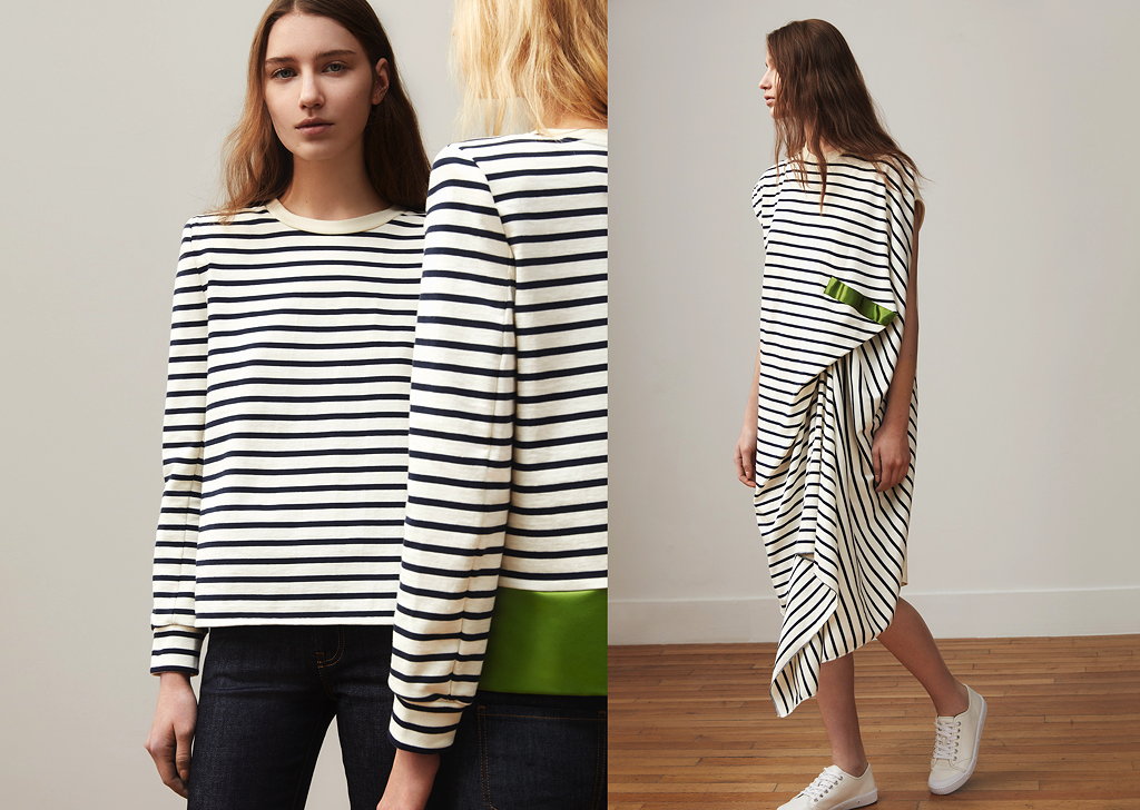 Die Marinière, neu interpretiert von der Designerin und ein kunstvoll drapiertes Jerseykleid. © Thomas Lohr