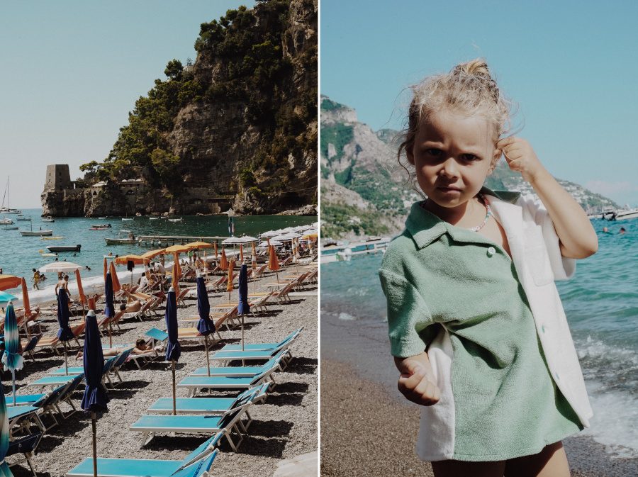 Frida am Fornillo Beach im fluffigen Frottee-Hemd von PAADE MODE