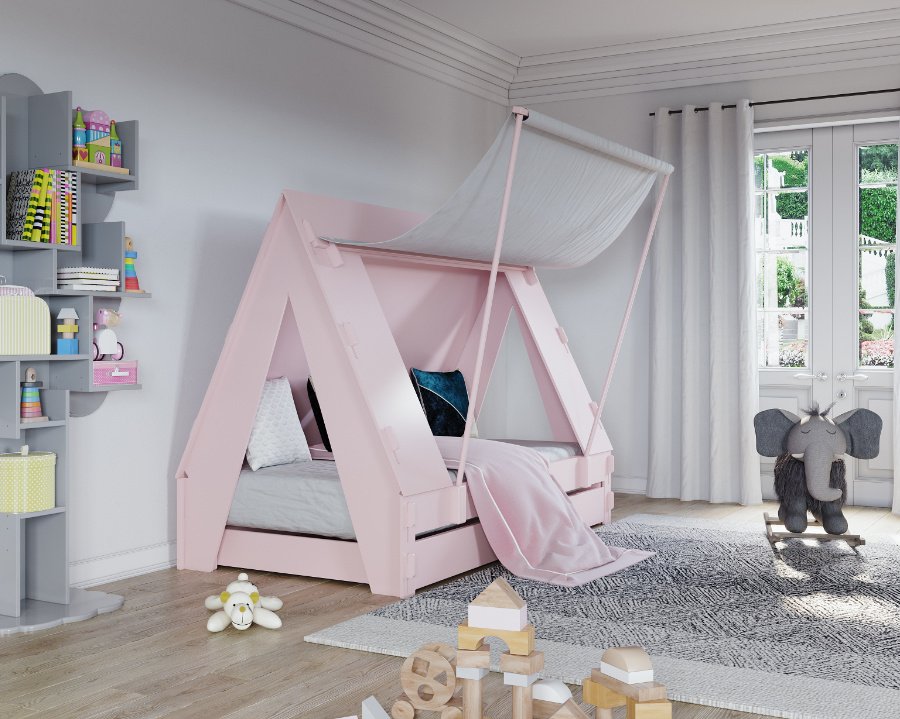 Man muss kein Boy Scout sein, um Pfadfinder-Romantik zu erleben: Das "Tent Bed" in Powder Pink gibt es auch in Thunderstorm Grey