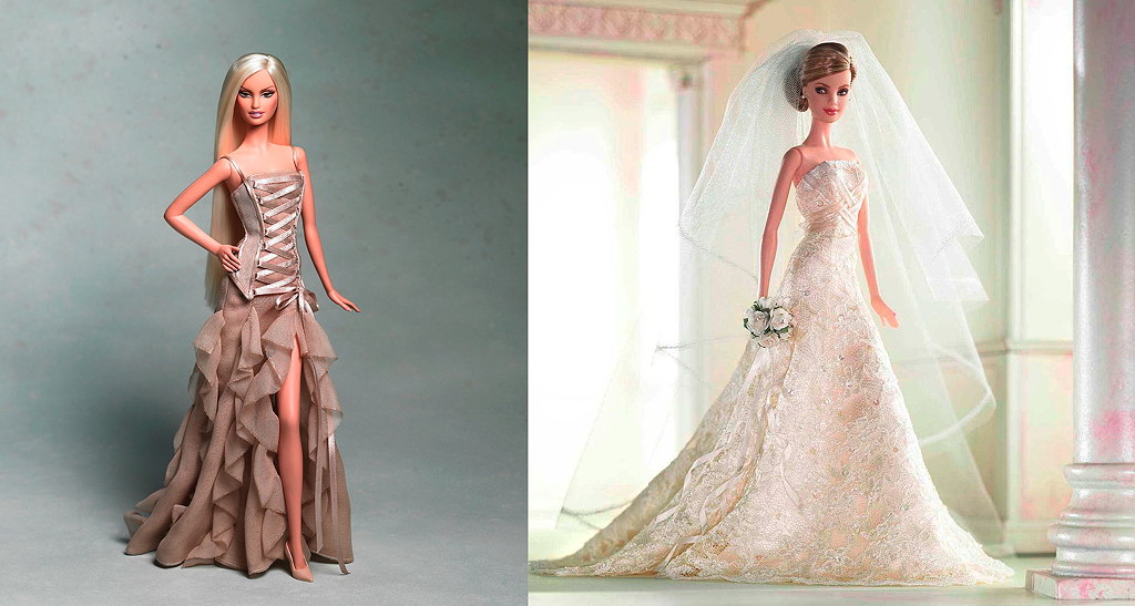Die Collector’s Dolls – Barbie in Versace 2004 und im Hochzeitskleid von Carolina Herrera 2005 – Images © Mattel Inc.