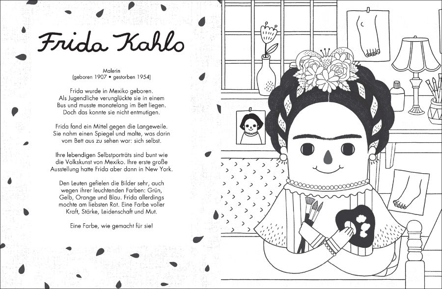 "I am my own muse." Jetzt sind wir an der Reihe und dürfen Frida Kahlos Selbstporträt kunterbunt gestalten.