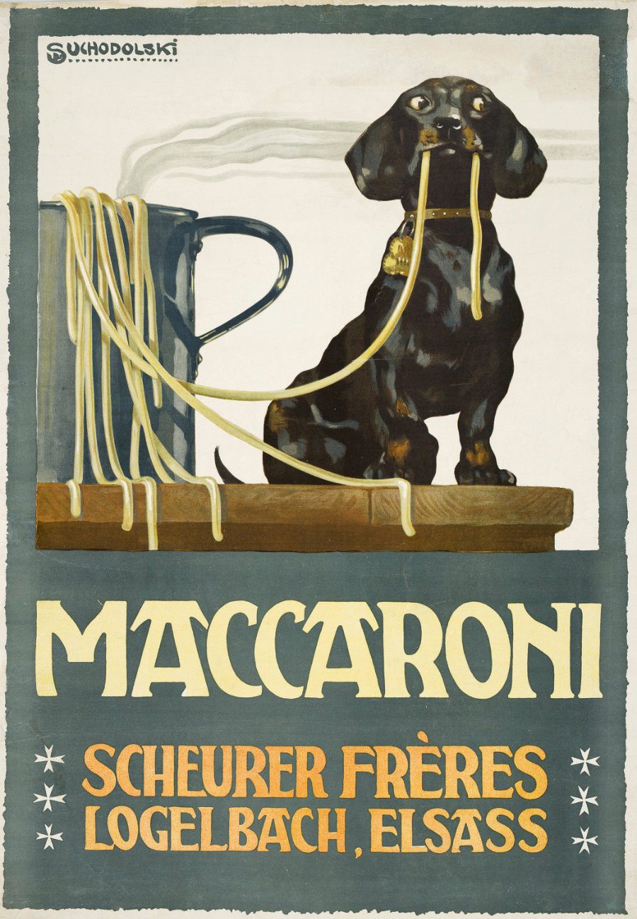 Von wegen Hundewurst: Auch Waldi will Pasta! Ein Plakat von Siegmund von Suchodolski für die Gebrüder Scheurer, um 1910 © Münchner Stadtmuseum, Sammlung Reklamekunst, Foto: Julia Krüger. Lizenz Creative Commons Namensnennung 4.0 International (CCBY 4.0)