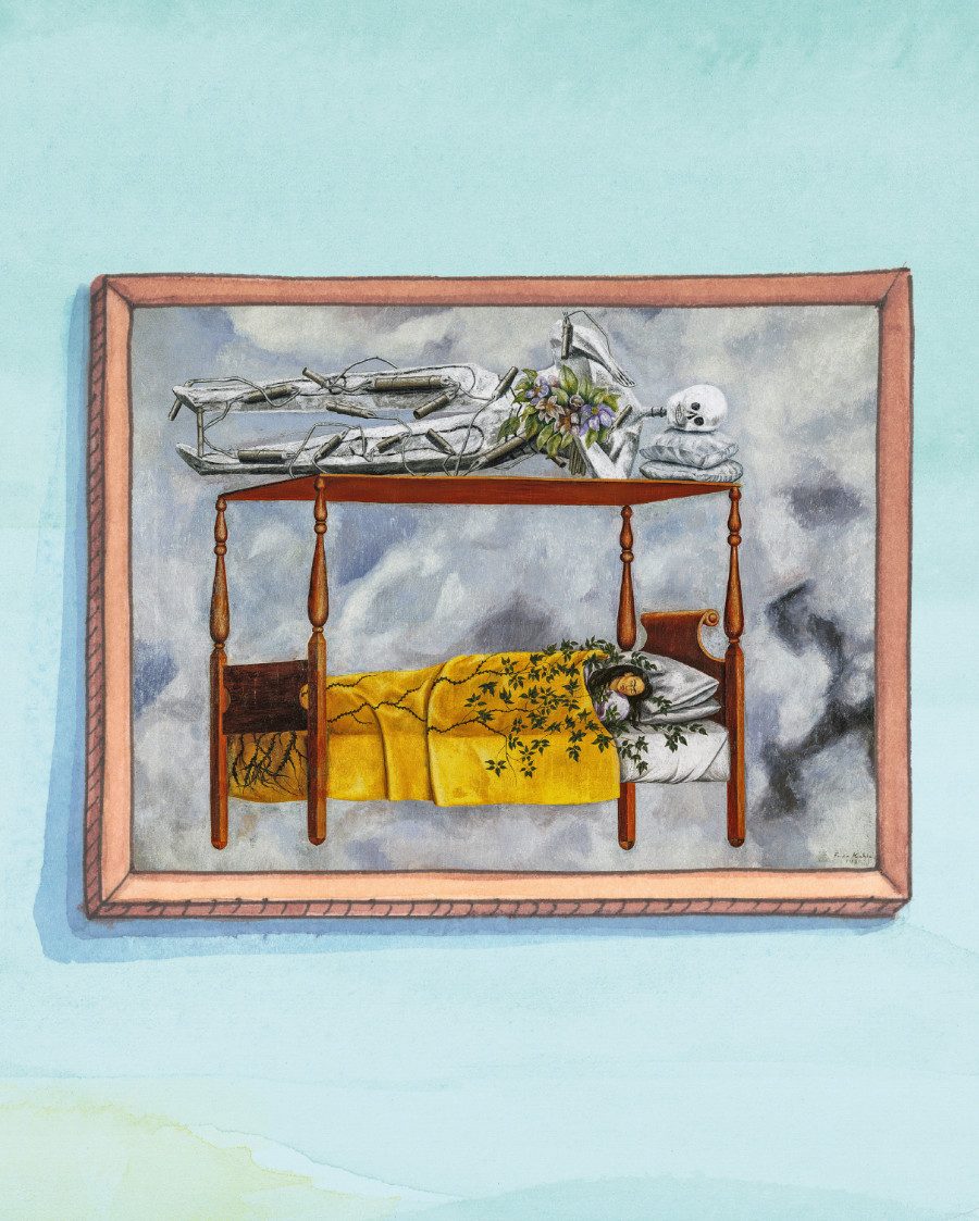 Das Pappmaché-Skelett befand sich tatsächlich auf Frida Kahlos Himmelbett: „El Sueño (La Cama)“ aus dem Jahr 1940, Öl auf Leinwand, Privatsammlung