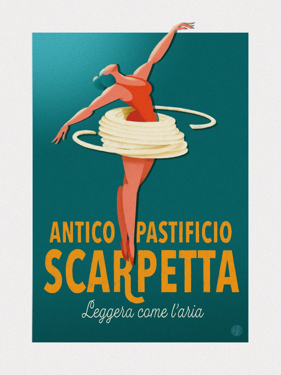Nostalgie kommt an: Ein zeitgenössisches Plakat von Nicola Ferrarese im Vintage-Stil, Antico Pastificio Scarpetta, 2021 © Nicola Ferrarese