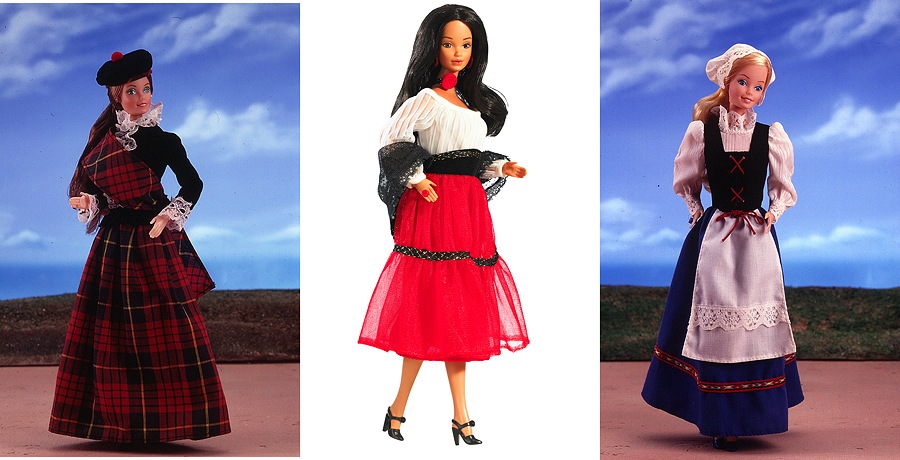 Barbie mal traditionell – in schottischer Tracht 1981, als Spanierin 1980 und als schwedisches Mädchen 1983 – Images © Mattel Inc.