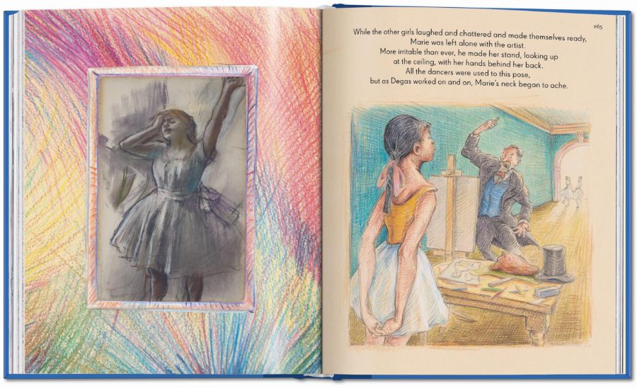 Links: die „Erschöpfte Tänzerin“ von Edgar Degas, 1882-85, Pastell auf hellblaugrauem Papier © bpk – Auf der rechten Seite und ebenfalls erschöpft: Marie, die „Kleine vierzehnjährige Tänzerin“ beim Modellstehen für Monsieur Degas © Laurence Anholt