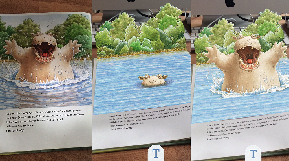 Links die Buchseite, in der Mitte und rechts zwei Animationen in 3D auf dem Display des Mobilgeräts (Aus dem Programm der TigerBooks Media/ Verlagsgruppe Oetinger)