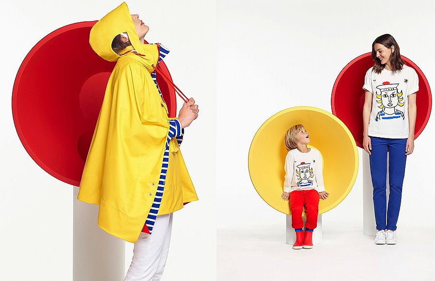 Das Regencape „PONCHO HISSEZ HAUT“ ist ein Remake der ikonischen Petit Bateau-Regenjacke. Enkel Balthazar war Inspiration für die „T-BALTHO“-Shirts im Mini-Me-Look